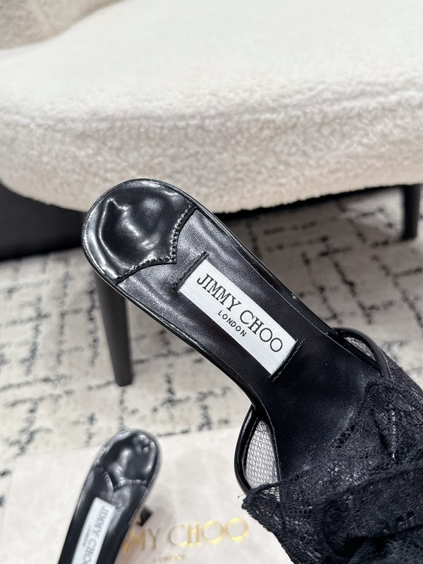 JC 26SS Floral Appliqué Mules 6.5cm Black Lace 858430