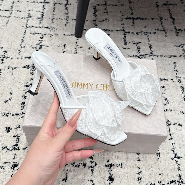 JC 26SS Floral Appliqué Mules 6.5cm  White Lace 858429