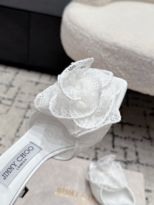 JC 26SS Floral Appliqué Mules 6.5cm  White Lace 858429