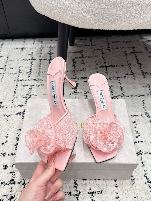 JC 26SS Floral Appliqué Mules 6.5cm Pink Lace 858428