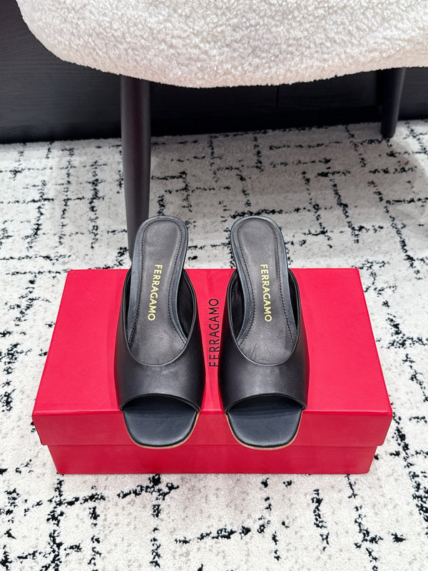 FG 26SS Logo Peep Toe Mules 5.5cm Chocolate Lambskin 858416