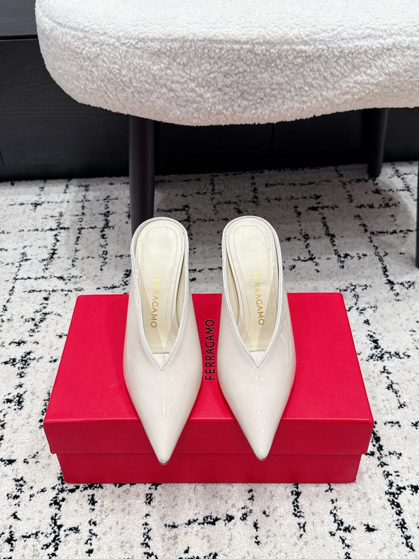 FG Itaca Pointed Toe Mules 9.5cm White Patent Leather 858413