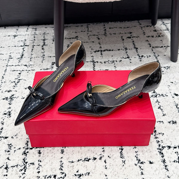FG Gyoia Bow Pointed Toe Pumps 3.5cm Black Patent Leather 848410