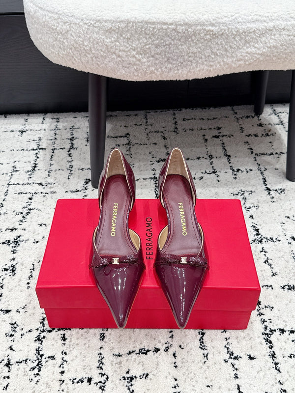 FG Gyoia Bow Pointed Toe Pumps 3.5cm Burgundy Patent Leather 848407