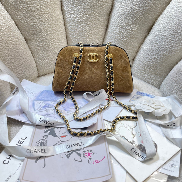 CC 26P Bowling Bag Chain Strap 19.5cn Camel Suede GHW