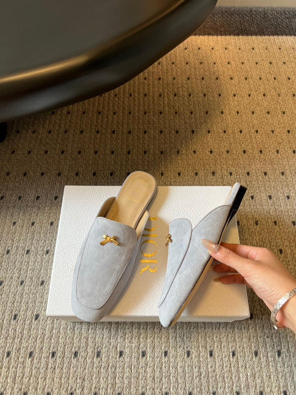 CD Baby Bow Mules Gold Bow Light Grey Suede 858669