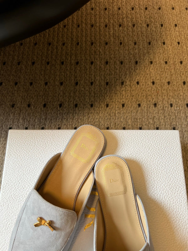 CD Baby Bow Mules Gold Bow Light Grey Suede 858669