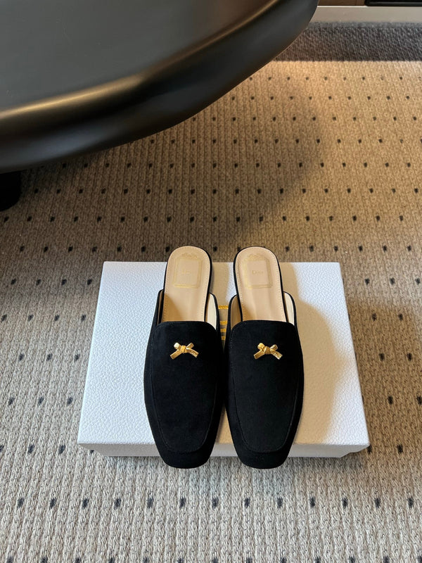 CD Baby Bow Mules Gold Bow Black Suede 858667