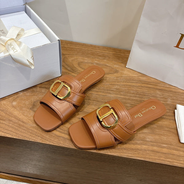 CD Montaigne Slides Buckle Camel Calfskin Leather 862370
