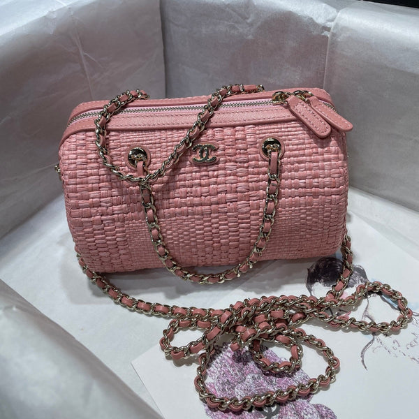 CC Bowling Bag Chain Strap 18.5cm Pink Braided Raffia & Lambskin 292139