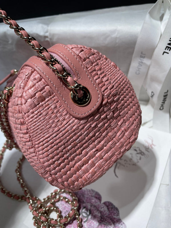 CC Bowling Bag Chain Strap 18.5cm Pink Braided Raffia & Lambskin 292139