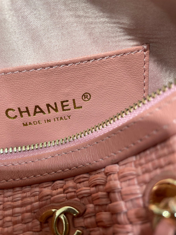 CC Bowling Bag Chain Strap 18.5cm Pink Braided Raffia & Lambskin 292139
