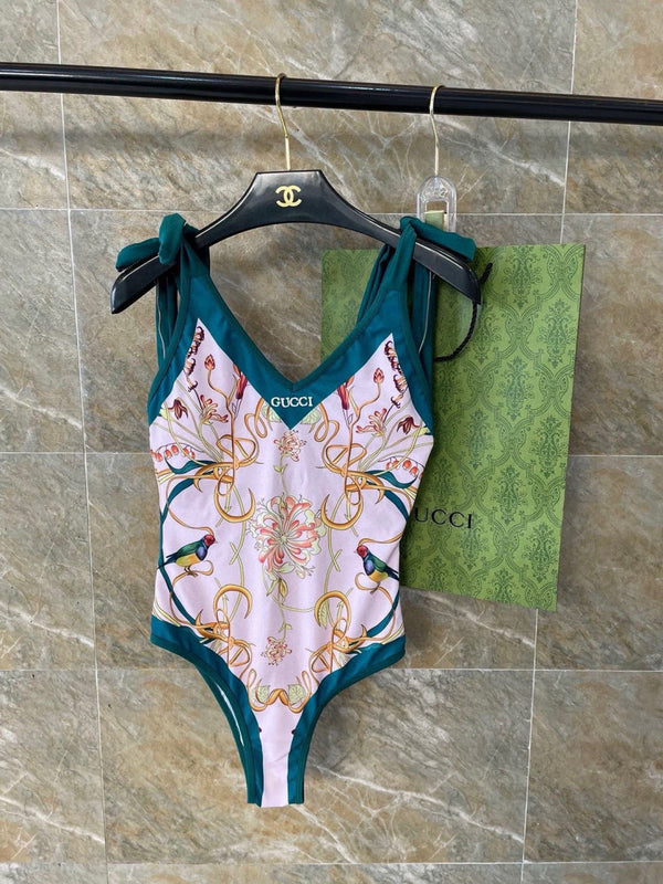 GG Floral & Bird Print Swimsuit and Sarong Set Pink Green 330762