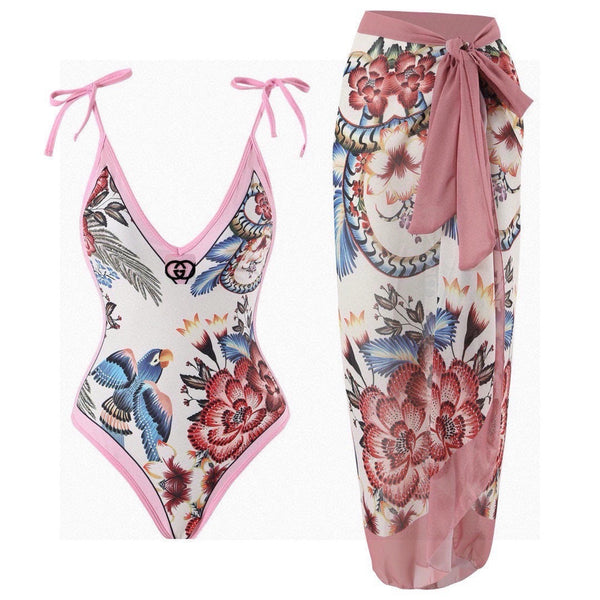 GG Floral & Bird Print Swimsuit and Sarong Set Cream Pink 330761