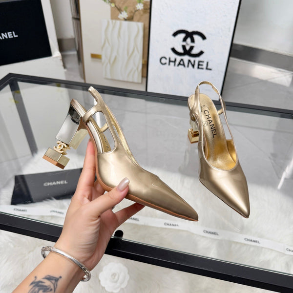CC Pointed Toe Slingback Pumps 9cm Gold Metallic Patent Cowhide 872876