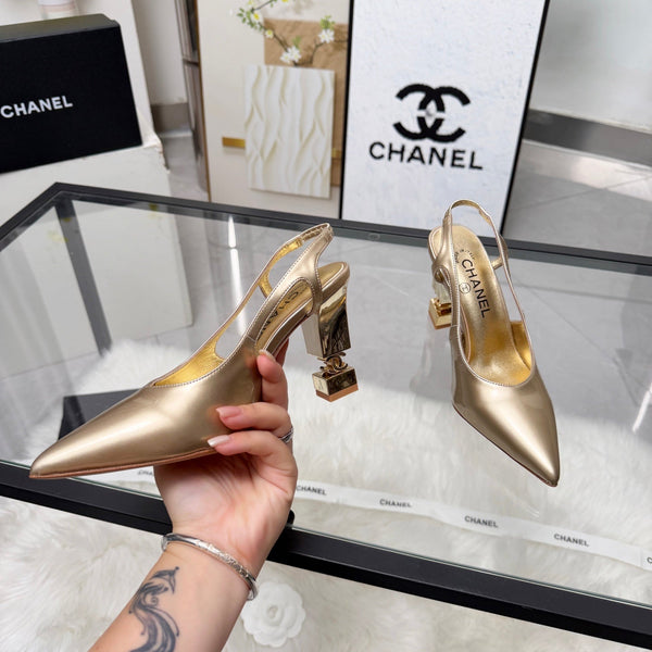 CC Pointed Toe Slingback Pumps 9cm Gold Metallic Patent Cowhide 872876