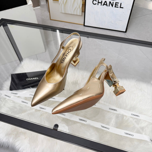 CC Pointed Toe Slingback Pumps 9cm Gold Metallic Patent Cowhide 872876