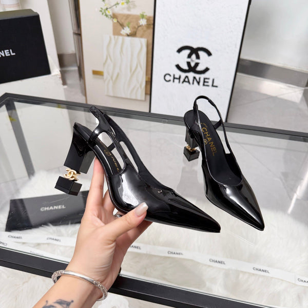 CC Pointed Toe Slingback Pumps 9cm Black Patent Cowhide 872875
