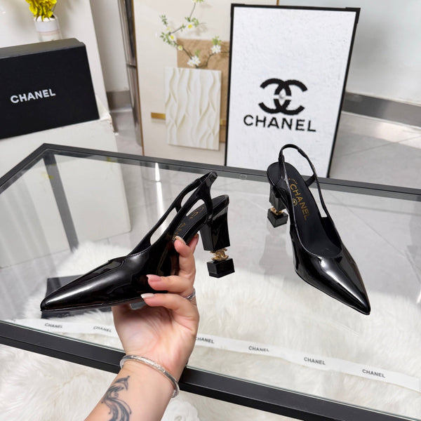 CC Pointed Toe Slingback Pumps 9cm Black Patent Cowhide 872875