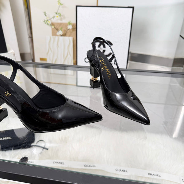CC Pointed Toe Slingback Pumps 9cm Black Patent Cowhide 872875