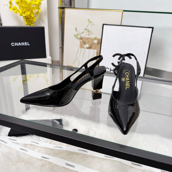 CC Pointed Toe Slingback Pumps 9cm Black Patent Cowhide 872875