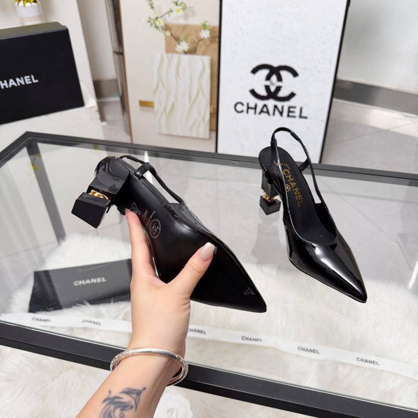 CC Pointed Toe Slingback Pumps 9cm Black Patent Cowhide 872875