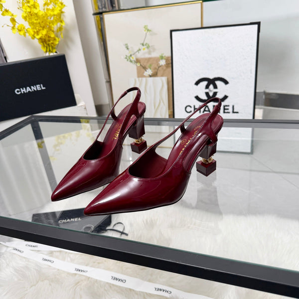CC Pointed Toe Slingback Pumps 9cm Burgundy Patent Cowhide 872874