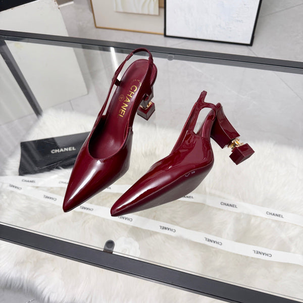 CC Pointed Toe Slingback Pumps 9cm Burgundy Patent Cowhide 872874