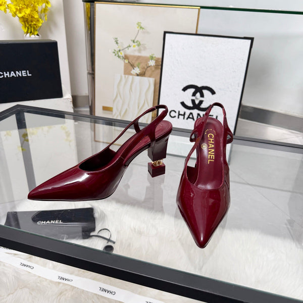 CC Pointed Toe Slingback Pumps 9cm Burgundy Patent Cowhide 872874