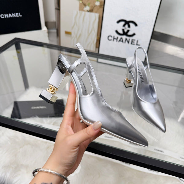 CC Pointed Toe Slingback Pumps 9cm Silver Patent Cowhide 872873