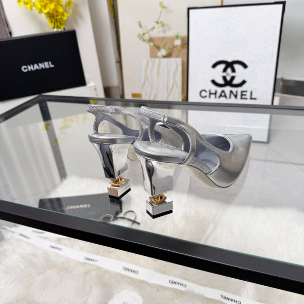 CC Pointed Toe Slingback Pumps 9cm Silver Patent Cowhide 872873