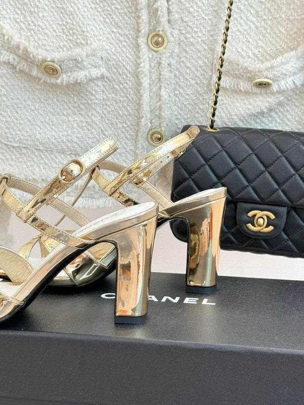 CC 26A Strappy Stiletto Sandals Gold Patent Leather 878664