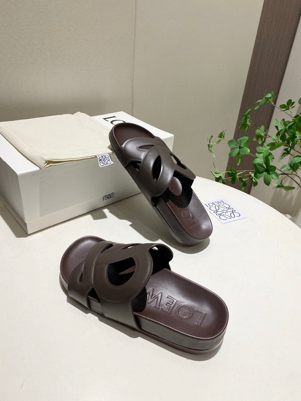 Loew Ease Monogram Slides Chocolate Lambskin Leather 881377