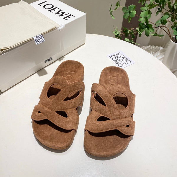 Loew Ease Monogram Slides Brown Suede Leather 881376