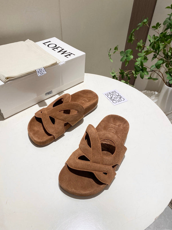 Loew Ease Monogram Slides Brown Suede Leather 881376