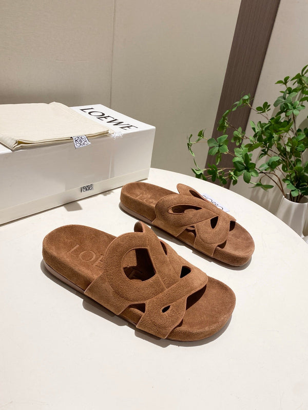 Loew Ease Monogram Slides Brown Suede Leather 881376