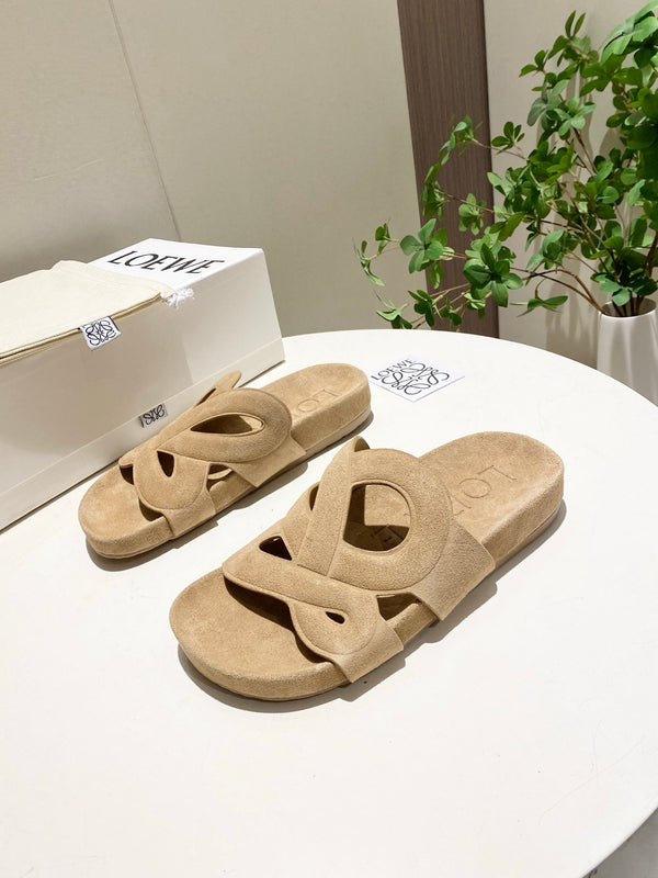 Loew Ease Monogram Slides Beige Suede Leather 881375