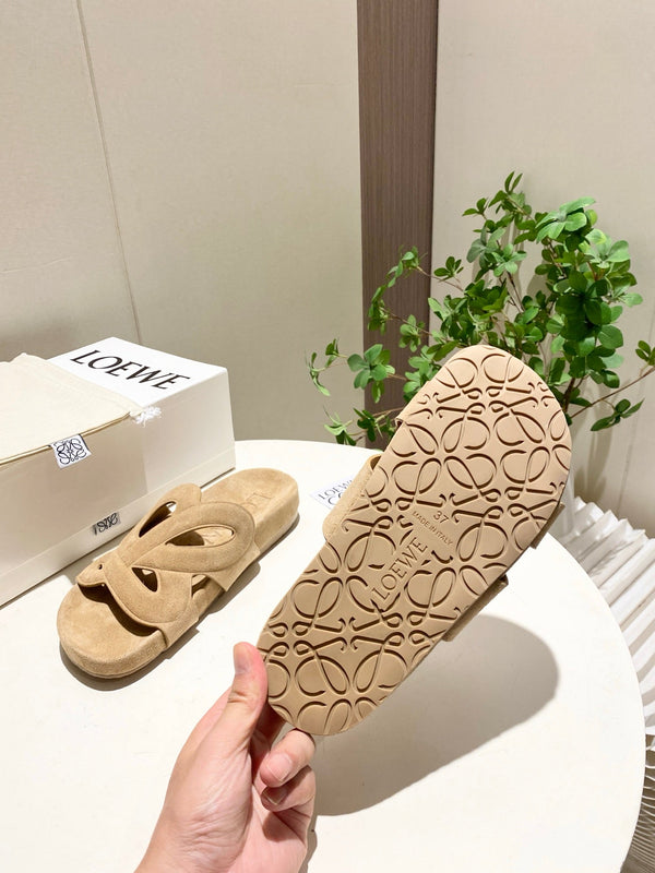 Loew Ease Monogram Slides Beige Suede Leather 881375
