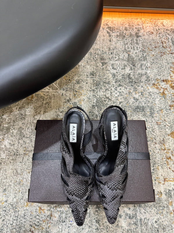 Alaia Snake Print Slingback Pumps 9.5cm Black Grey Cowhide 881561
