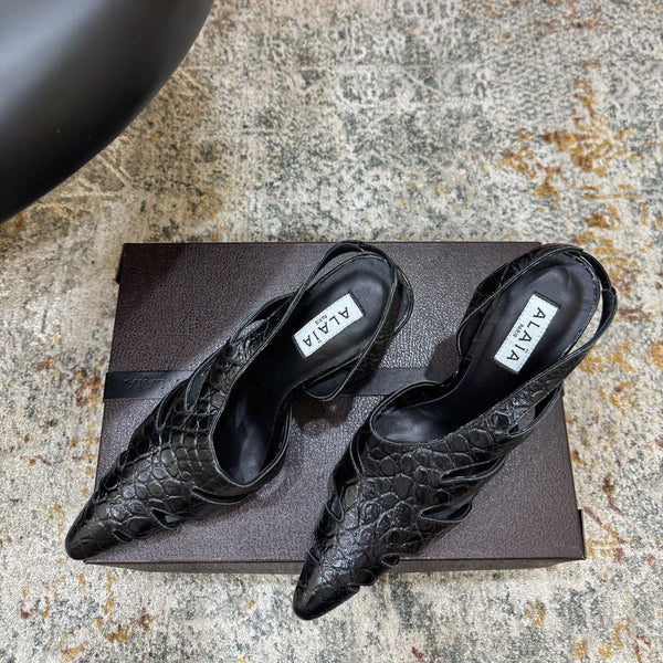 Alaia Snake Print Slingback Pumps 9.5cm Black Cowhide 881560