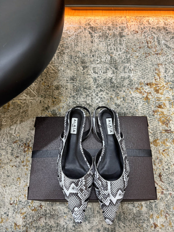 Alaia Snake Print Cutout Slingback Flats Grey Cowhide Leather 881557