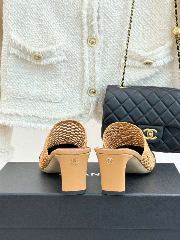 CC Woven Square-Toe Mules Tan Black Leather 887979