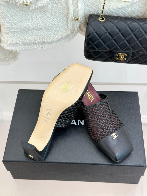 CC Woven Square-Toe Mules Black Leather 887977