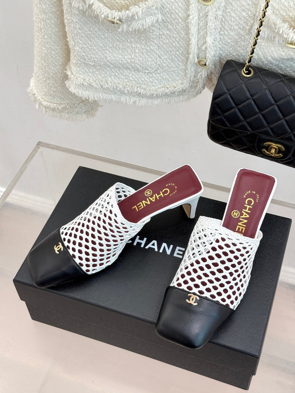CC Woven Square-Toe Mules White Black Leather 887976
