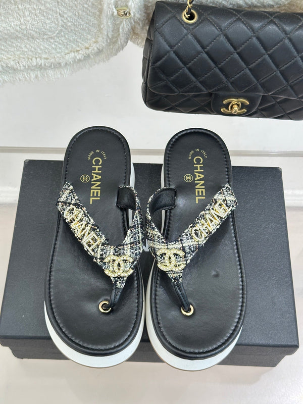 CC Crystal Logo Platform Thong Sandals Black Tweed 887786