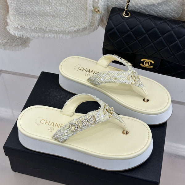 CC Crystal Logo Platform Thong Sandals Light Yellow Tweed 887785