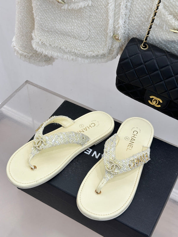 CC Crystal Logo Platform Thong Sandals Flat Light Yellow Tweed 887778