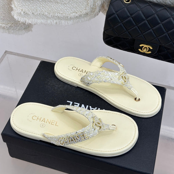 CC Crystal Logo Platform Thong Sandals Flat Light Yellow Tweed 887778