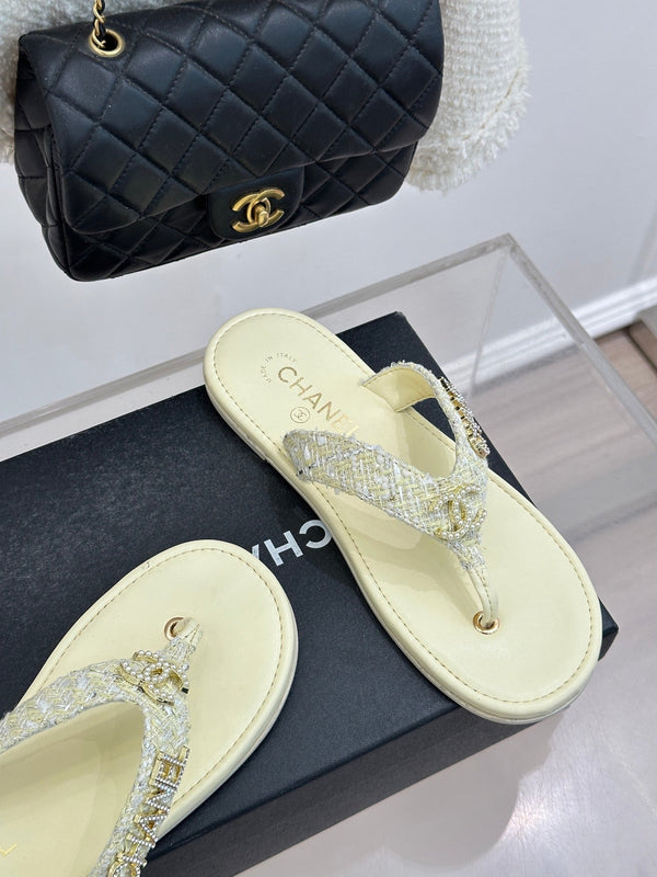 CC Crystal Logo Platform Thong Sandals Flat Light Yellow Tweed 887778