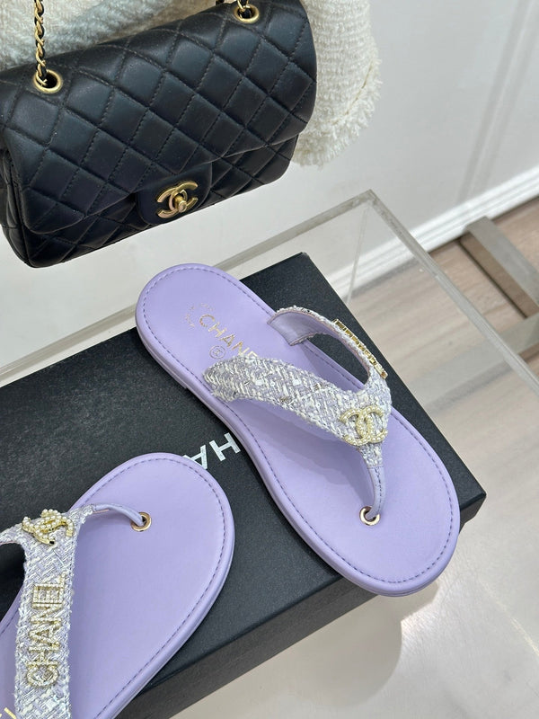 CC Crystal Logo Platform Thong Sandals Flat Purple Tweed 887776